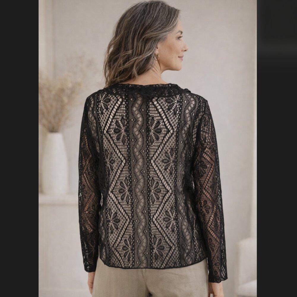 Vintage J. Jill Lace Cardigan Large Petite Black Sheer Ruffle Long Sleeve Boho - Picture 7 of 12